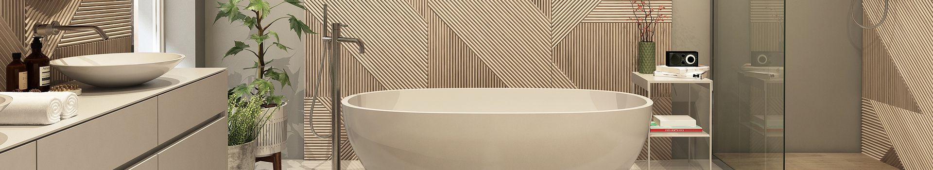 Modernes Badezimmer mit einer großen Badewanne und einer Holzverkleidung an der Wand.