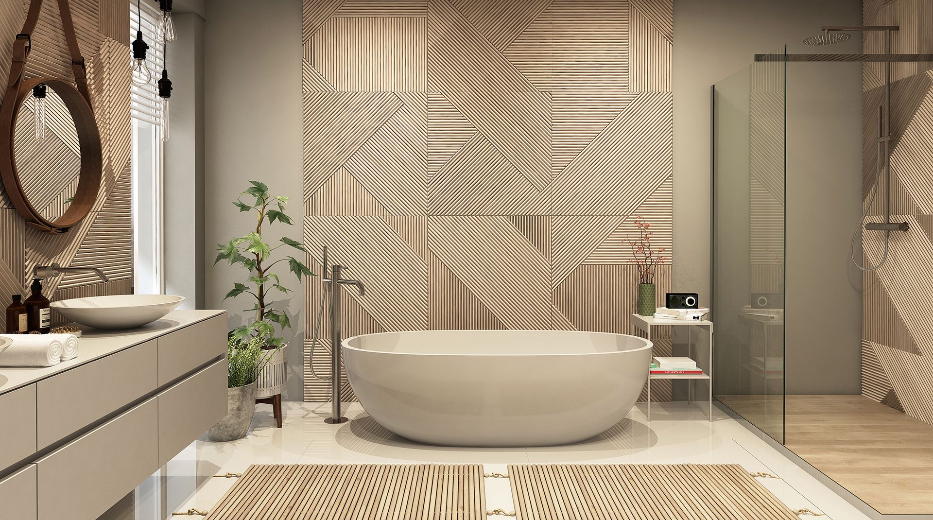 Modernes Badezimmer mit einer großen Badewanne und einer Holzverkleidung an der Wand.